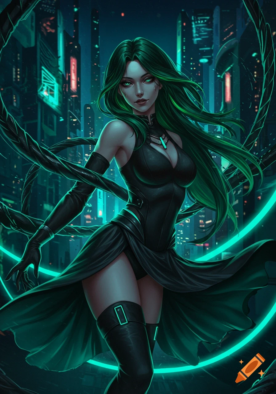 An anime-style woman with long green hair and glowing green eyes stands in a dark cyberpunk city, wearing a black dress and boots.