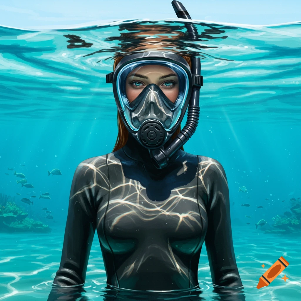 A woman in a black full-face snorkel mask and wetsuit, half-submerged in clear blue ocean water with fish and coral visible.