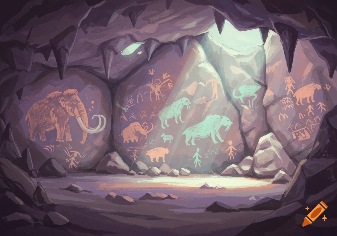 Stylized prehistoric cave art in a dark cave, with light illuminating pastel drawings of mammoths, saber-toothed tigers, and stick figures.