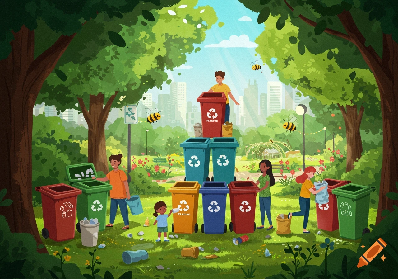 Diverse people recycling in a lush park with city background, bees flying. Illustrated style.