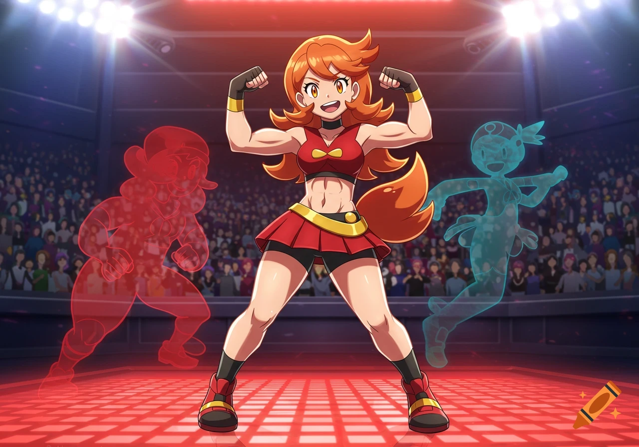 Anime style Pokémon trainer Eri flexes her muscles in a brightly lit arena with a crowd and two ghostly figures.