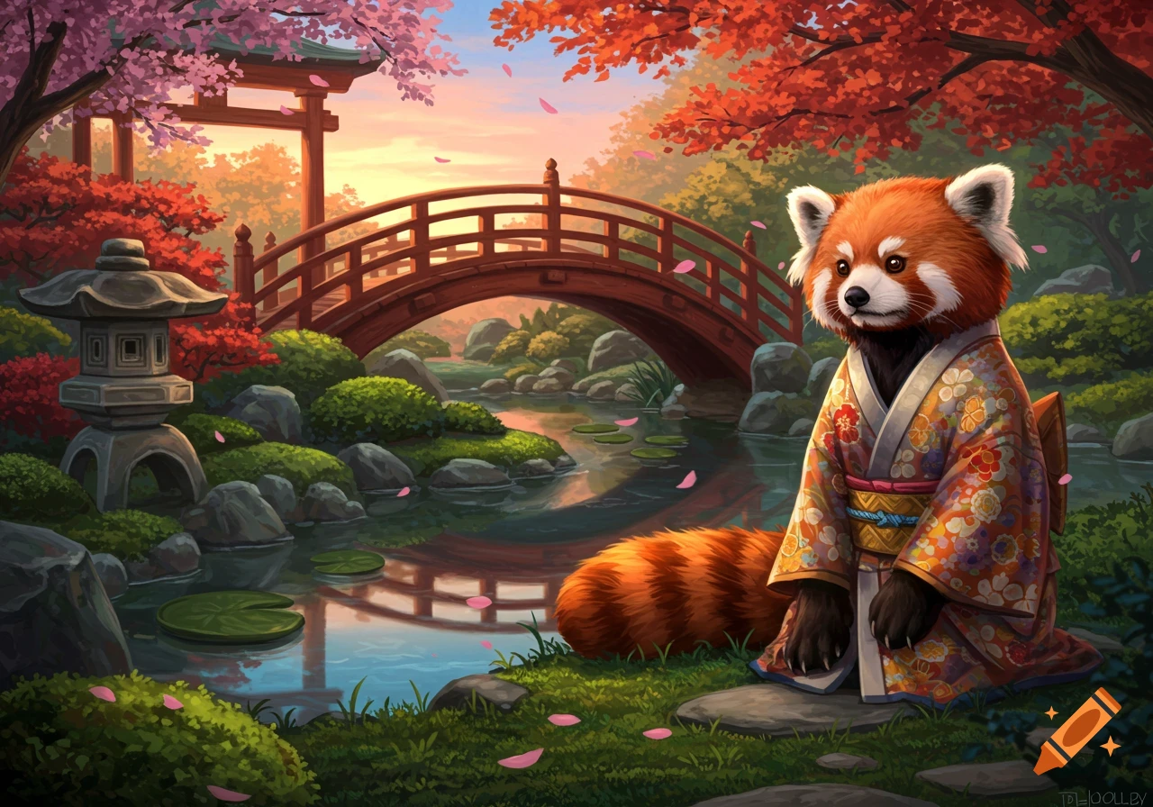 An illustration of a red panda in a floral kimono sitting by a pond in a Japanese garden with a red bridge, cherry blossoms, and autumn trees.