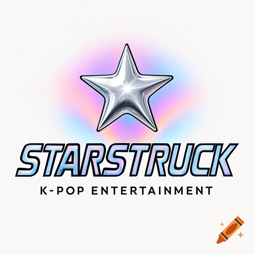 A logo featuring a metallic silver star above the text 'STARSTRUCK K-POP ENTERTAINMENT' on a pastel gradient background.