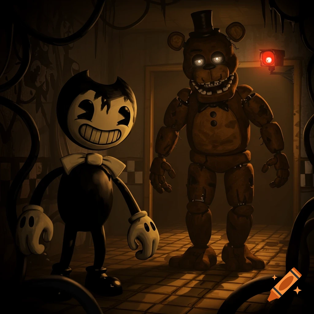 Bendy and Freddy Fazbear stand menacingly in a dark, grimy room with exposed wires and a red security camera light.