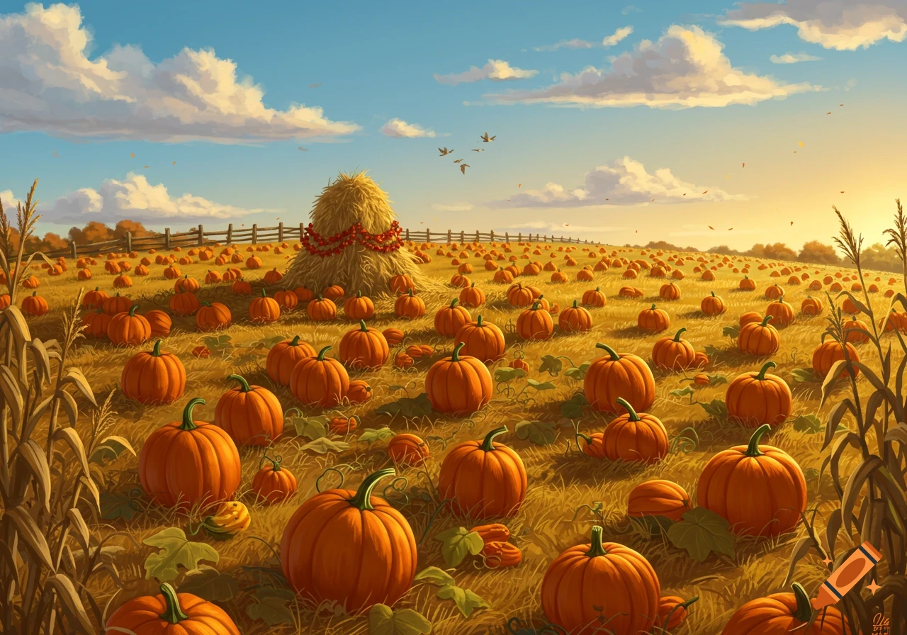 A sprawling pumpkin patch with a large hay bale, surrounded by corn stalks, under a bright blue and orange autumn sky.