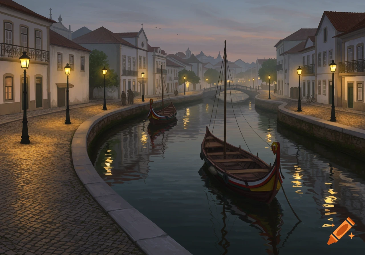Digital painting of a tranquil canal town at dusk, with boats, old buildings, and glowing street lamps on cobblestone streets.