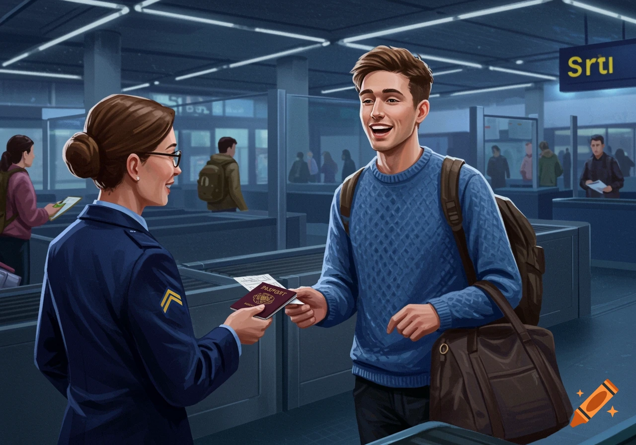 An illustration of a smiling traveler handing a passport to an airport security officer at a checkpoint.