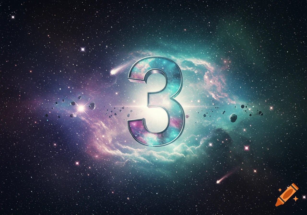 A shimmering metallic number 3 floats in the center of a vibrant galaxy, surrounded by stars, nebulae, and asteroids.