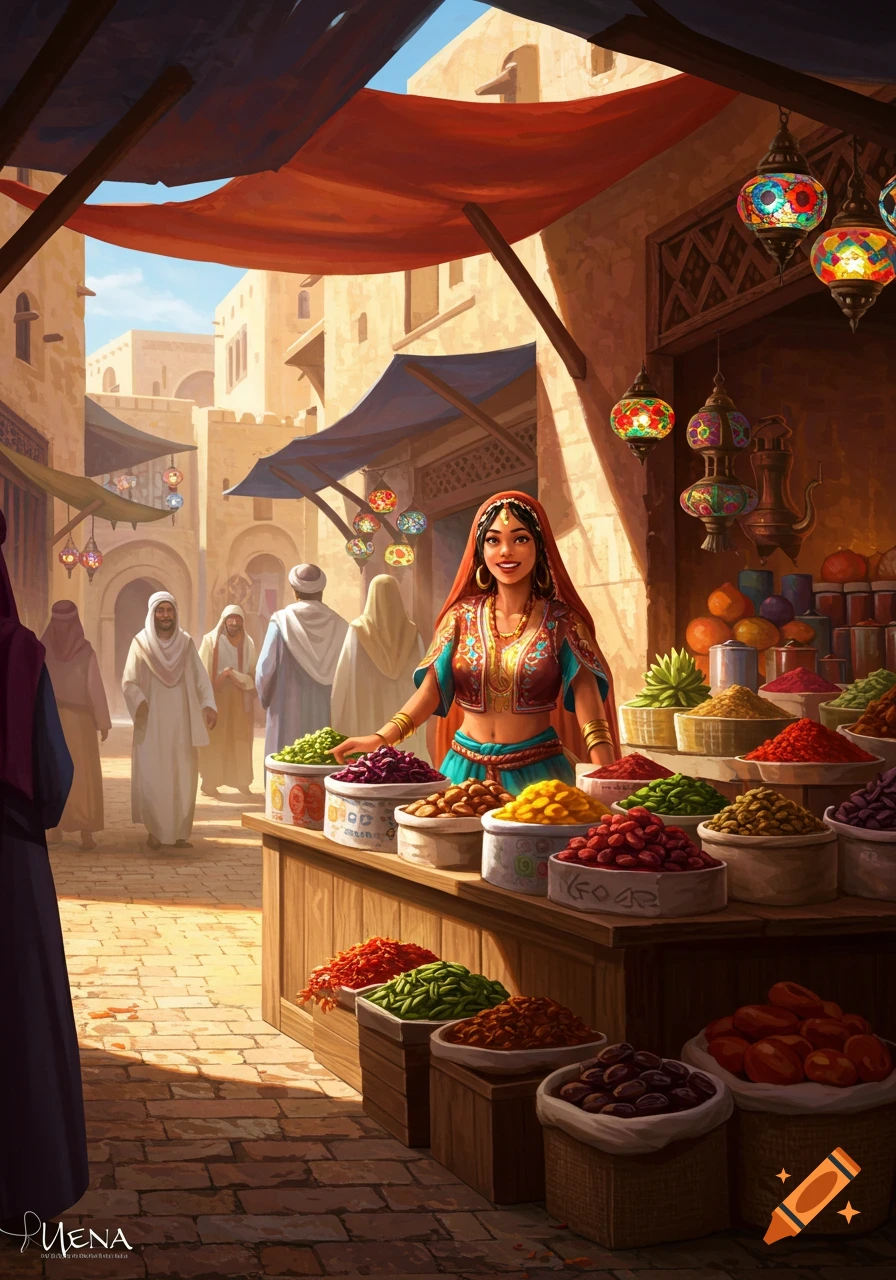 A smiling woman in a market stall with colorful spices and goods in a sunny Middle Eastern street, detailed illustration.