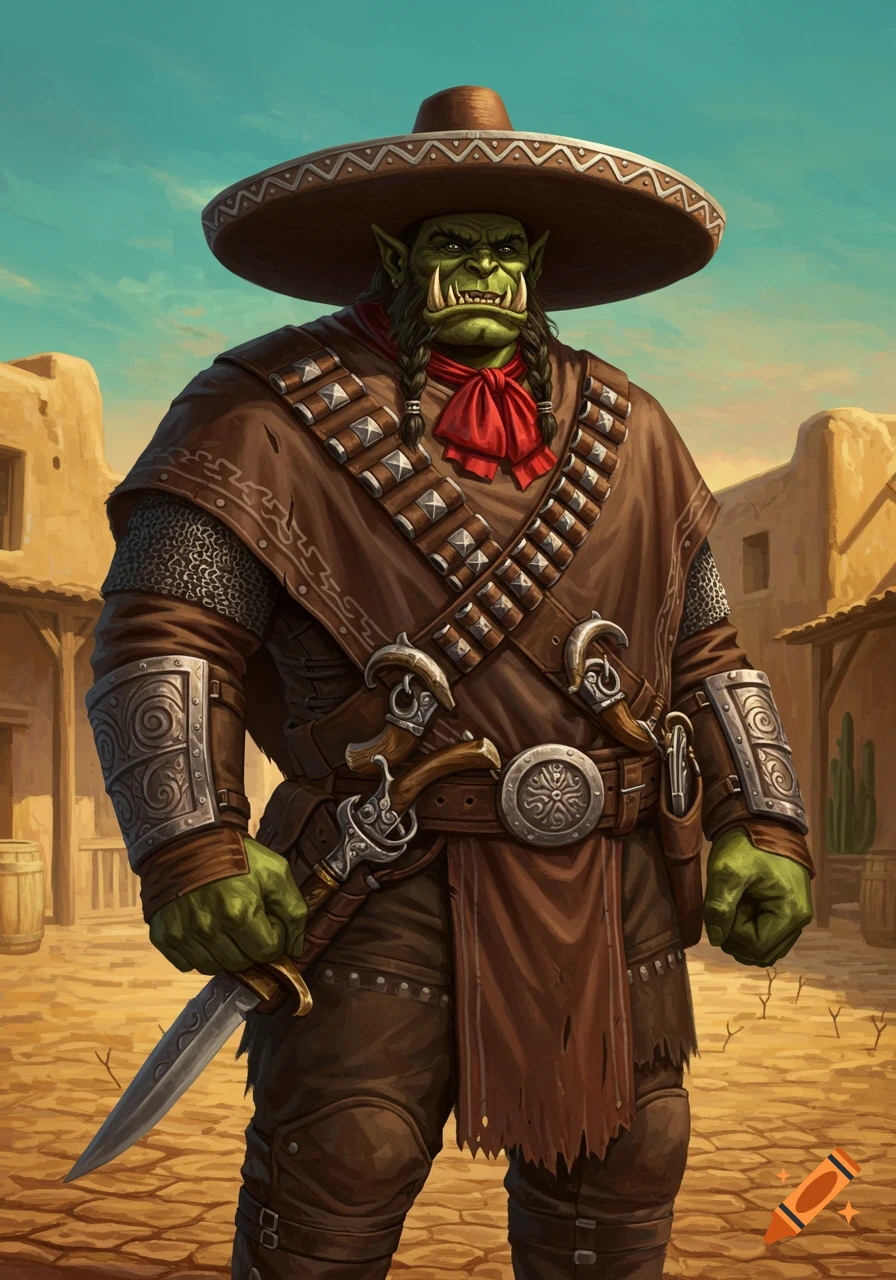 A fierce green orc in a sombrero and poncho, armed with a knife, stands in a dusty Western-style town.