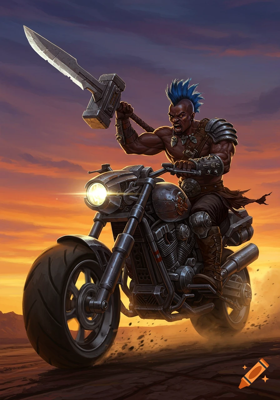 Muscular Black man with blue mohawk on a motorcycle, holding a large hammer-sword in a desert at sunset. Digital illustration.