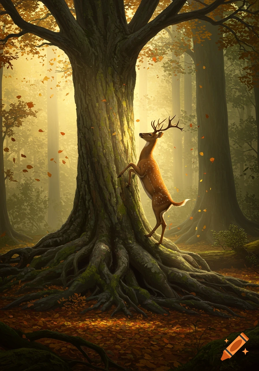 An illustrated deer with antlers leans against a massive tree trunk in a golden autumn forest with falling leaves.