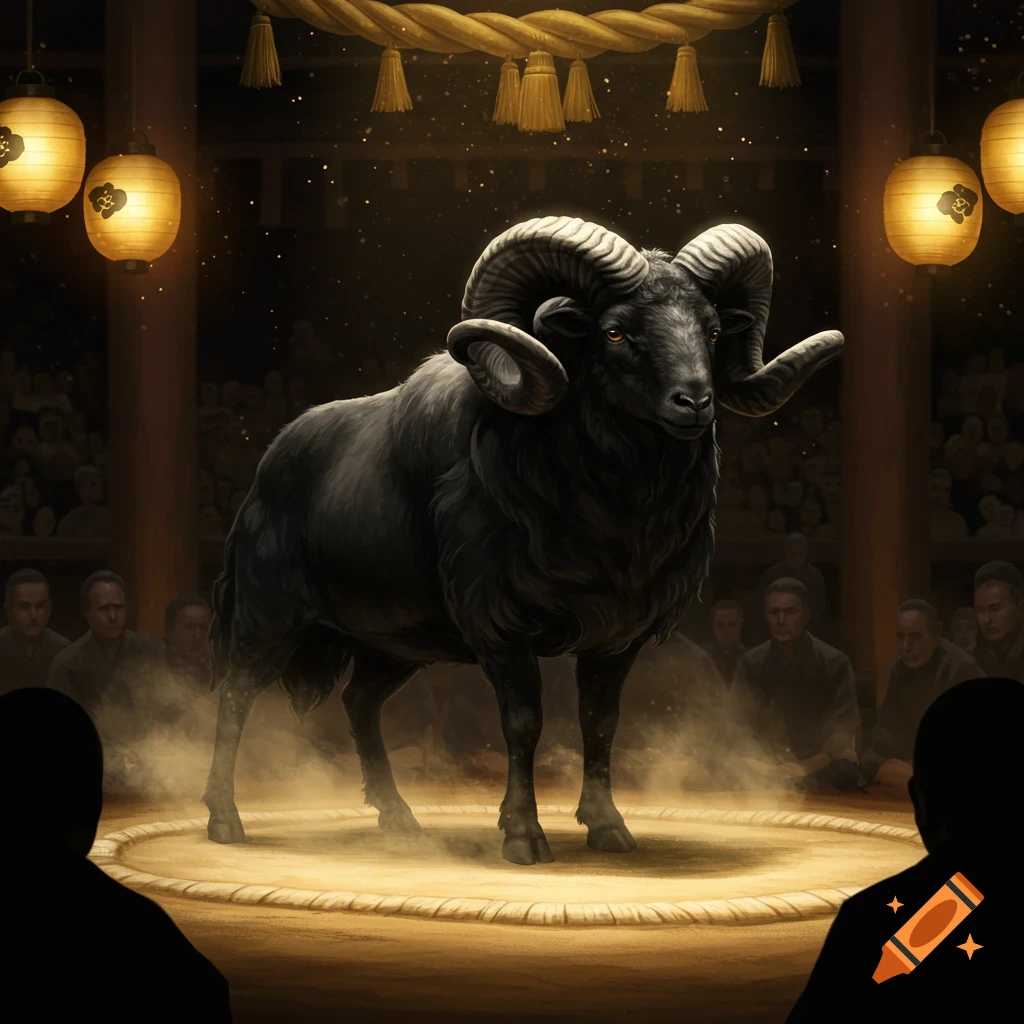 A large black ram with curved horns stands in a brightly lit sumo wrestling ring, surrounded by a blurred audience and traditional Japanese lanterns.