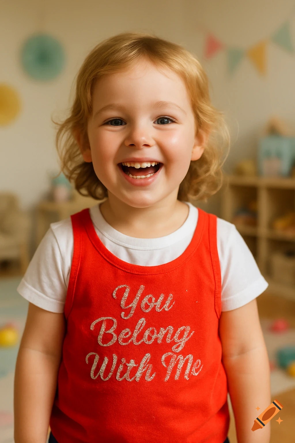 A happy young child with blonde hair smiles brightly, wearing a red tank top over a white t-shirt that reads 'You Belong With Me'.