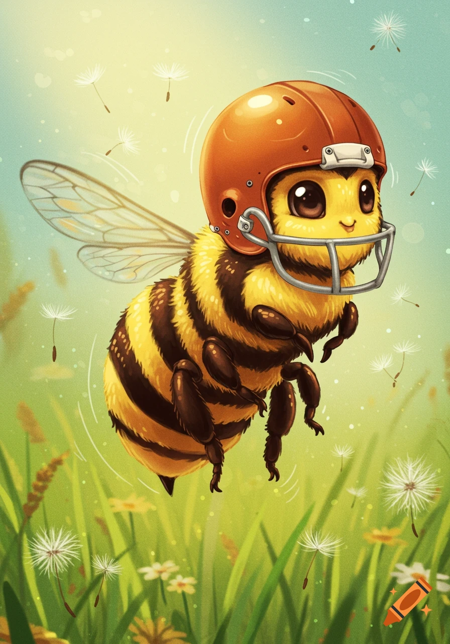 A cute, fluffy cartoon bee wearing an orange football helmet floats above a green grassy field with dandelion seeds.