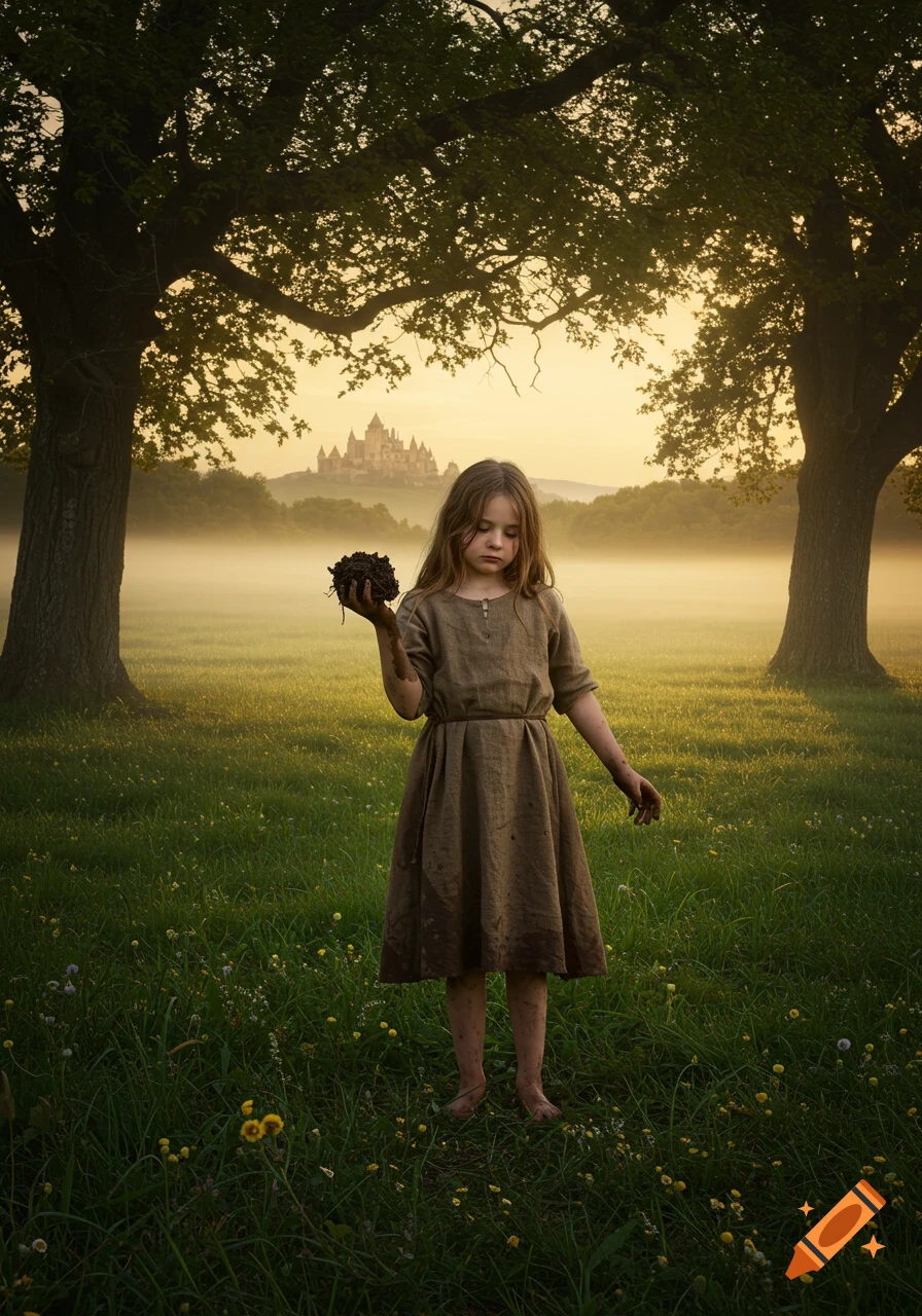 A young girl with a sad face holds a clump of dirt in a misty, grassy field with large trees and a distant castle at sunset.