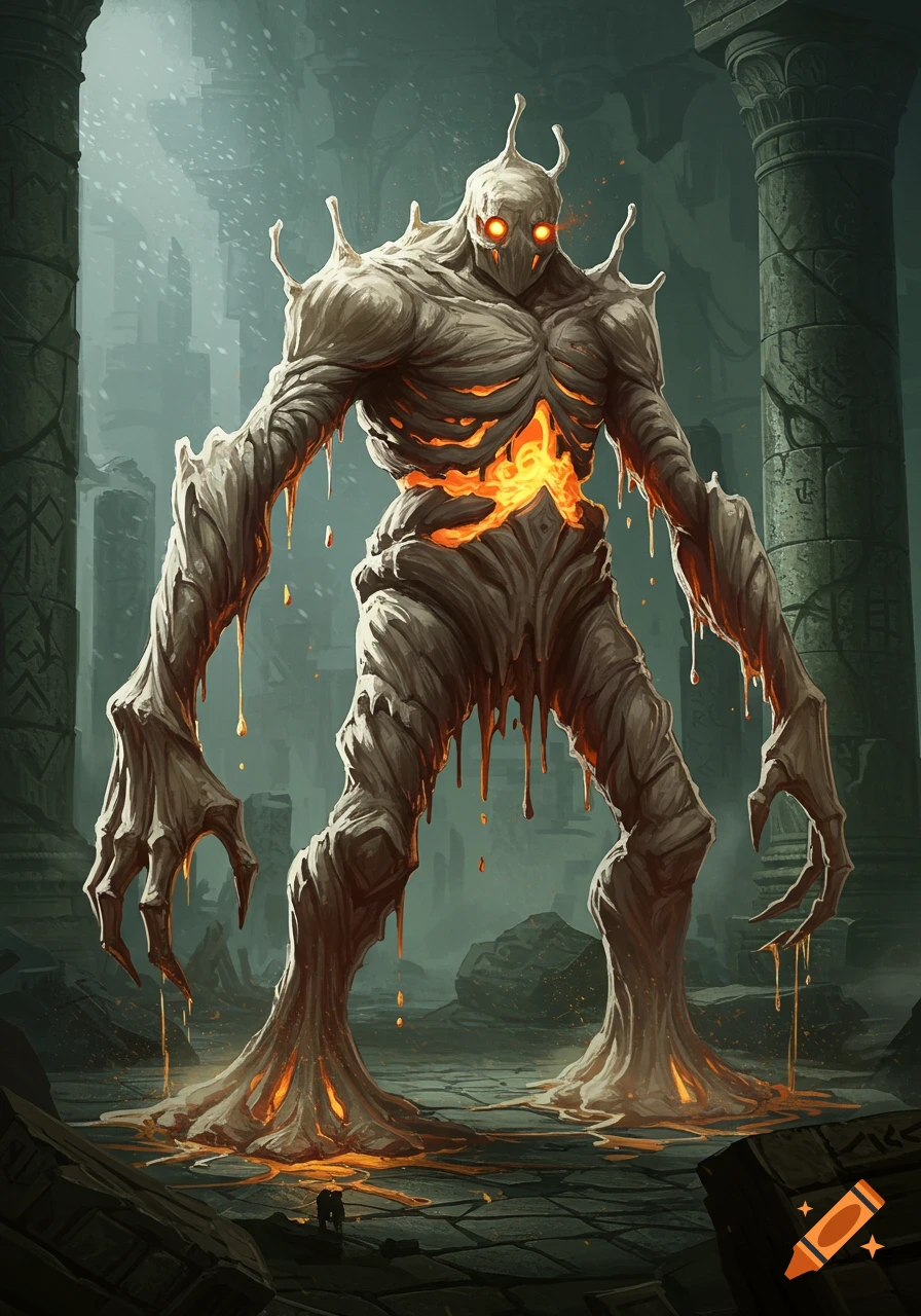 A towering, glowing-eyed wax golem monster with a fiery chest melts in ancient ruins, its body dripping.