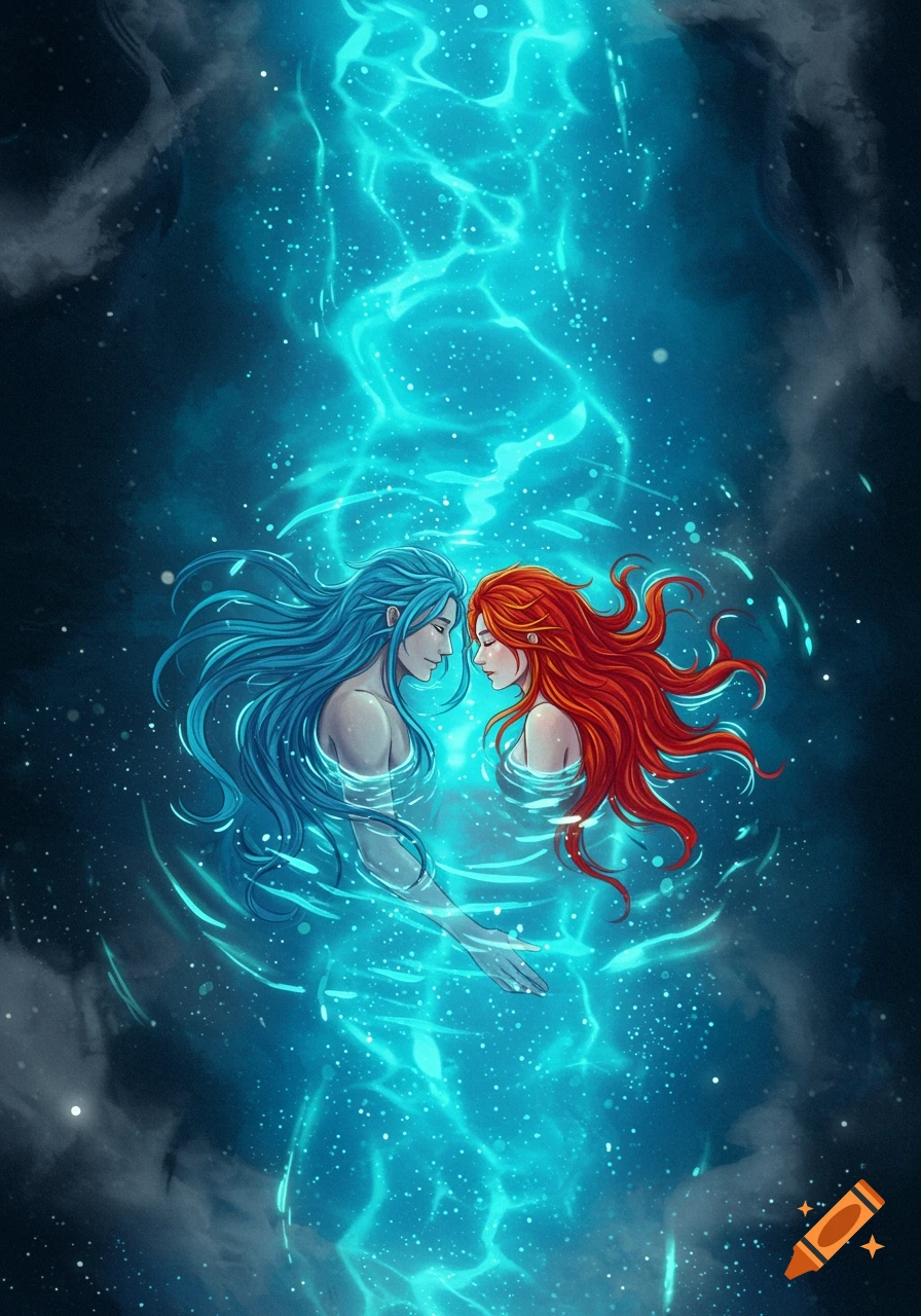 Stylized illustration of a man with blue hair and a woman with red hair floating face-to-face in glowing blue water.
