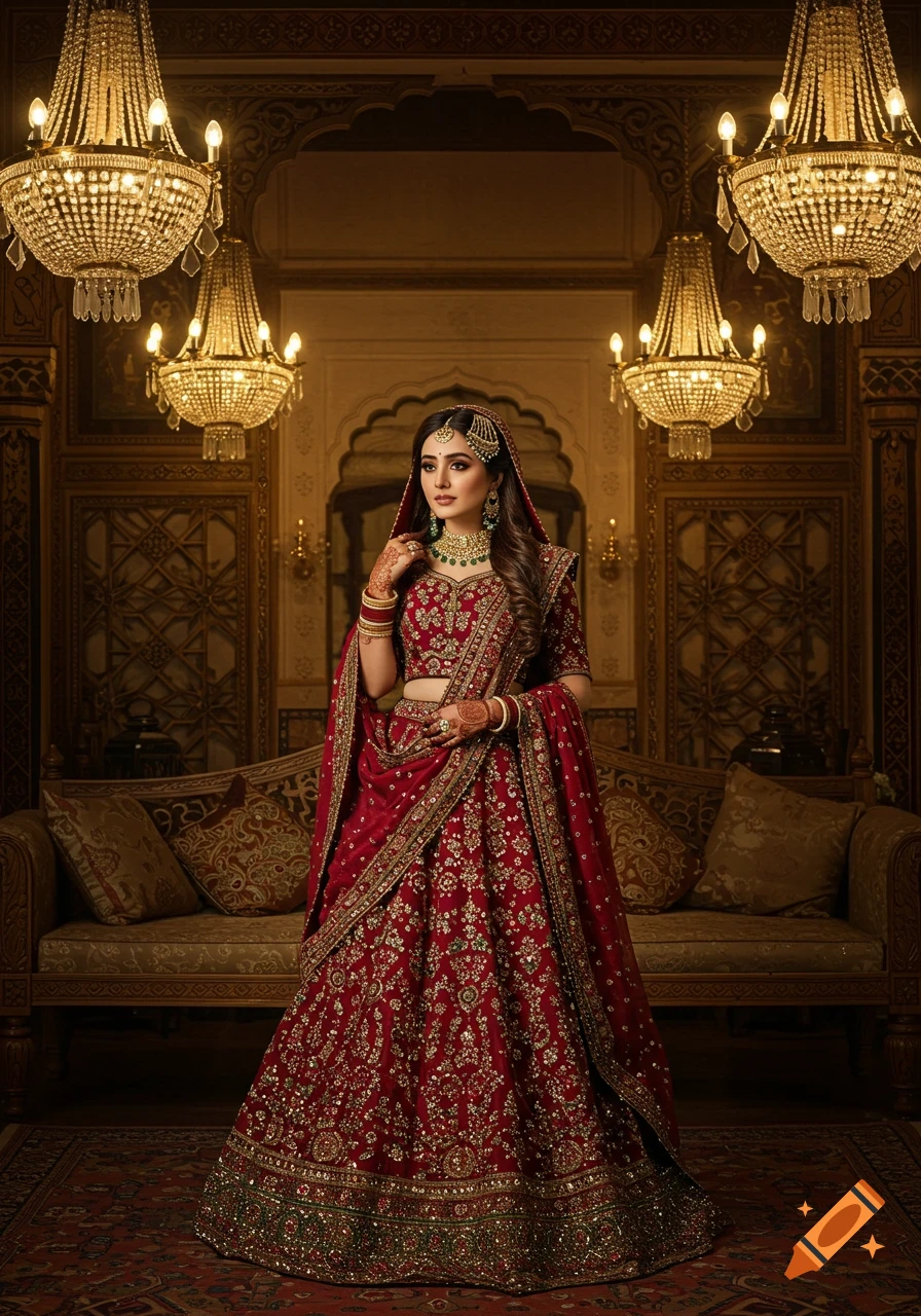 A Pakistani bride in a red embroidered lehenga and gold-emerald jewelry stands in an ornate, candlelit room with chandeliers.