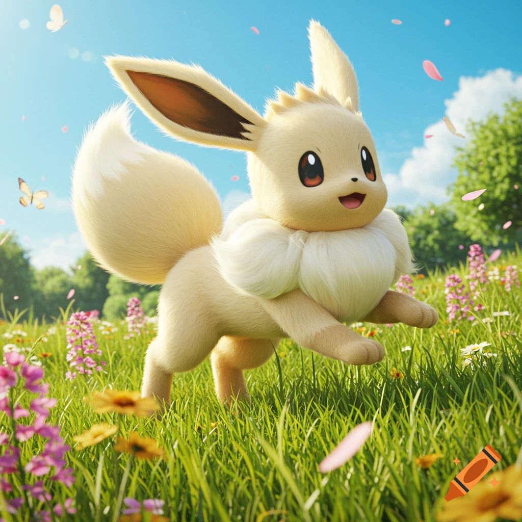 A photorealistic Eevee, a furry fawn-colored Pok ess playful in a vibrant green meadow with wildflowers and butterflies under a blue sky.
