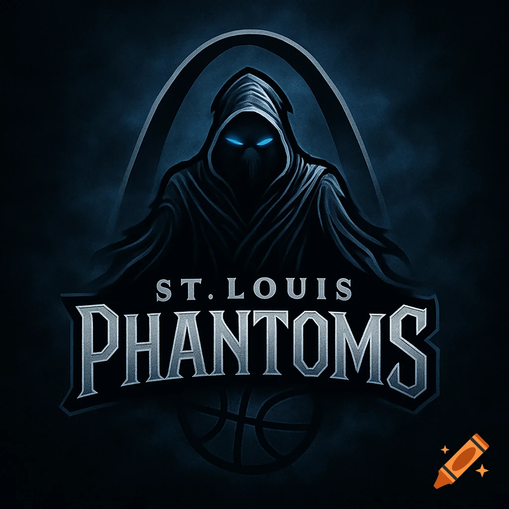 Dark logo for St. Louis Phantoms basketball team featuring a hooded phantom with glowing blue eyes, the St. Louis Arch, and team name.