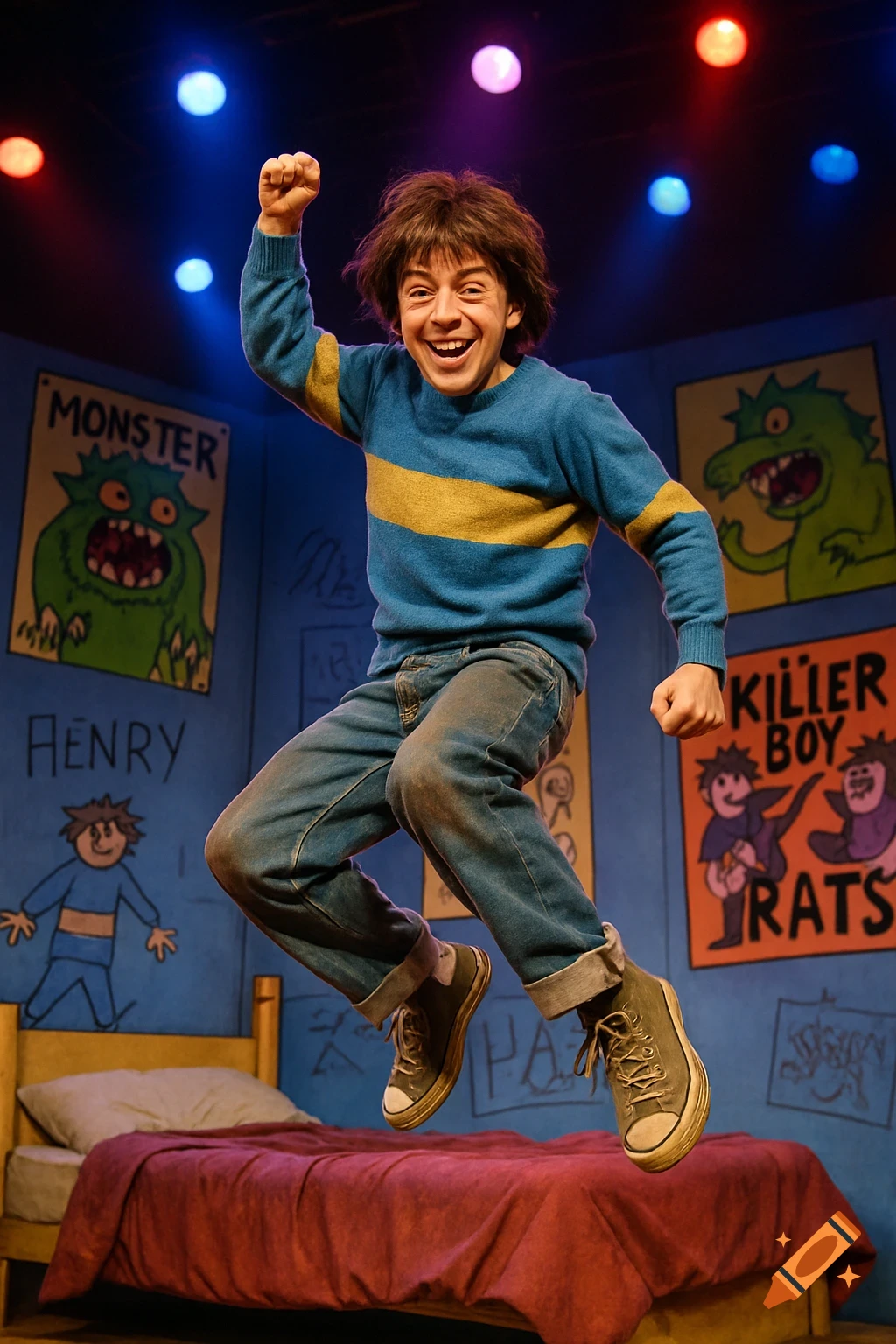 Young boy with messy brown hair jumping on a bed with a mischievous grin, illuminated by stage lights, cartoon posters on the wall.