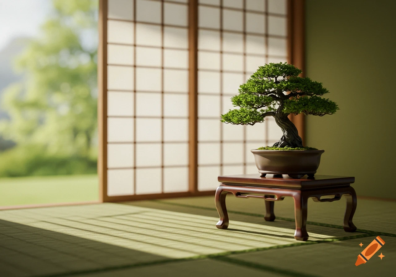 Photorealistic image of a bonsai tree on a wooden stand in a sunlit Japanese room with shoji screens and tatami mats.