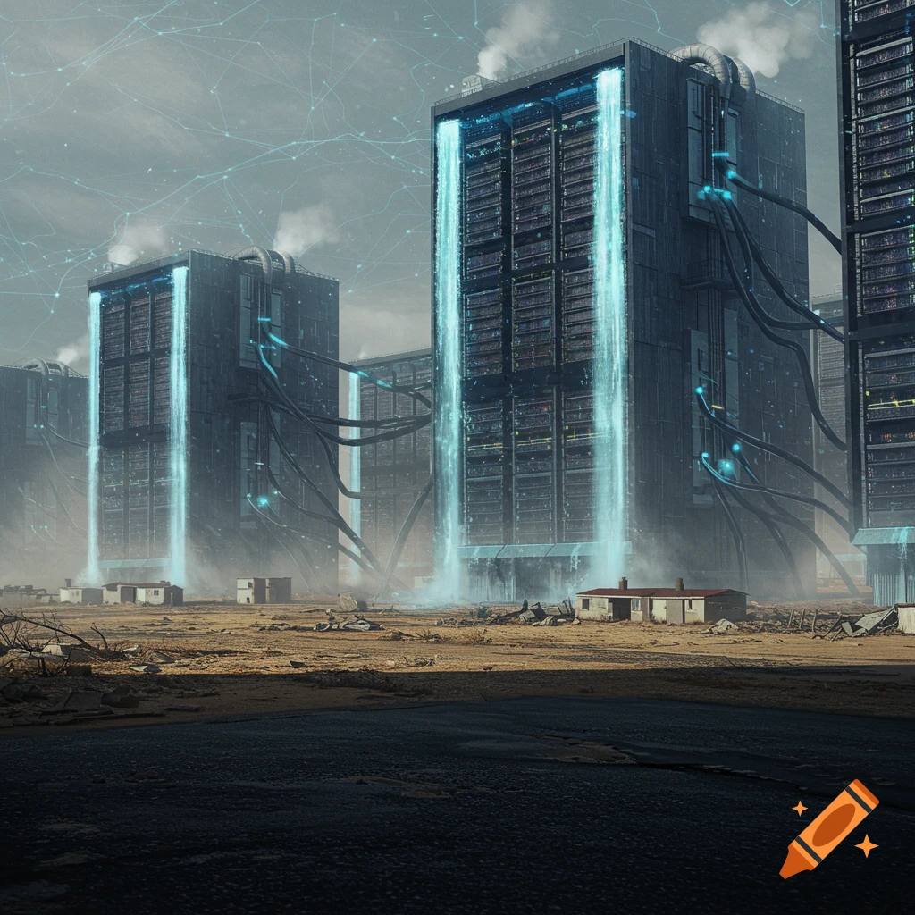 Giant, futuristic data centers with glowing blue waterfalls and cables loom over small houses in a desolate, dusty landscape.