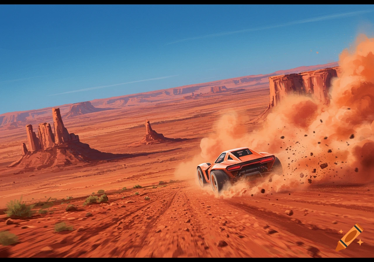 An orange futuristic race car kicks up a massive dust cloud while speeding through a vibrant red desert landscape with mesas under a clear blue sky.