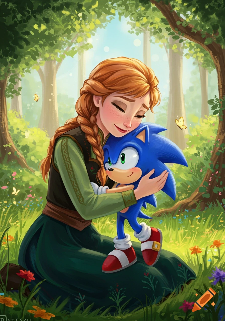 Disney's Anna from Frozen hugs Sonic the Hedgehog in a lush, green forest with wildflowers and butterflies, in an illustrated style.