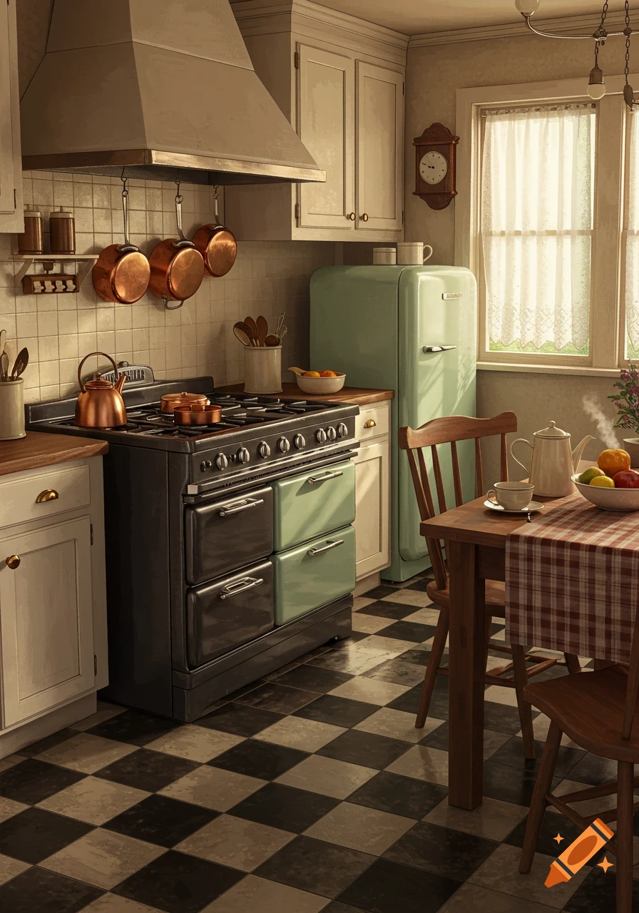 A warm, vintage 1930s kitchen with a checkered floor, teal refrigerator, stove, and a wooden dining table.