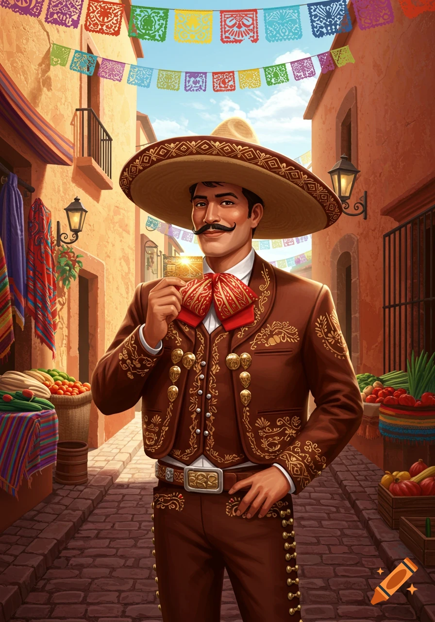 A smiling Mexican man in a charro suit and sombrero holds a credit card in a vibrant marketplace under colorful banners. Detailed illustration.