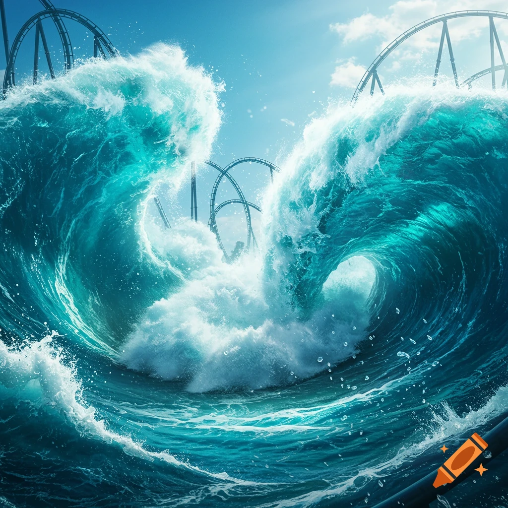 Photorealistic image of massive teal waves crashing with roller coaster tracks soaring above under a bright blue sky.