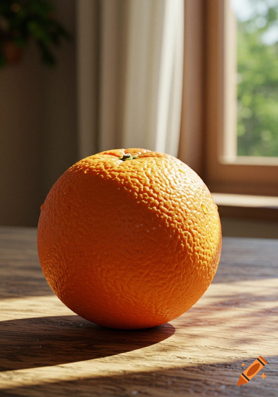 A photorealistic close-up of a single orange with a stem on a wooden table, dappled with sunlight from a nearby window.