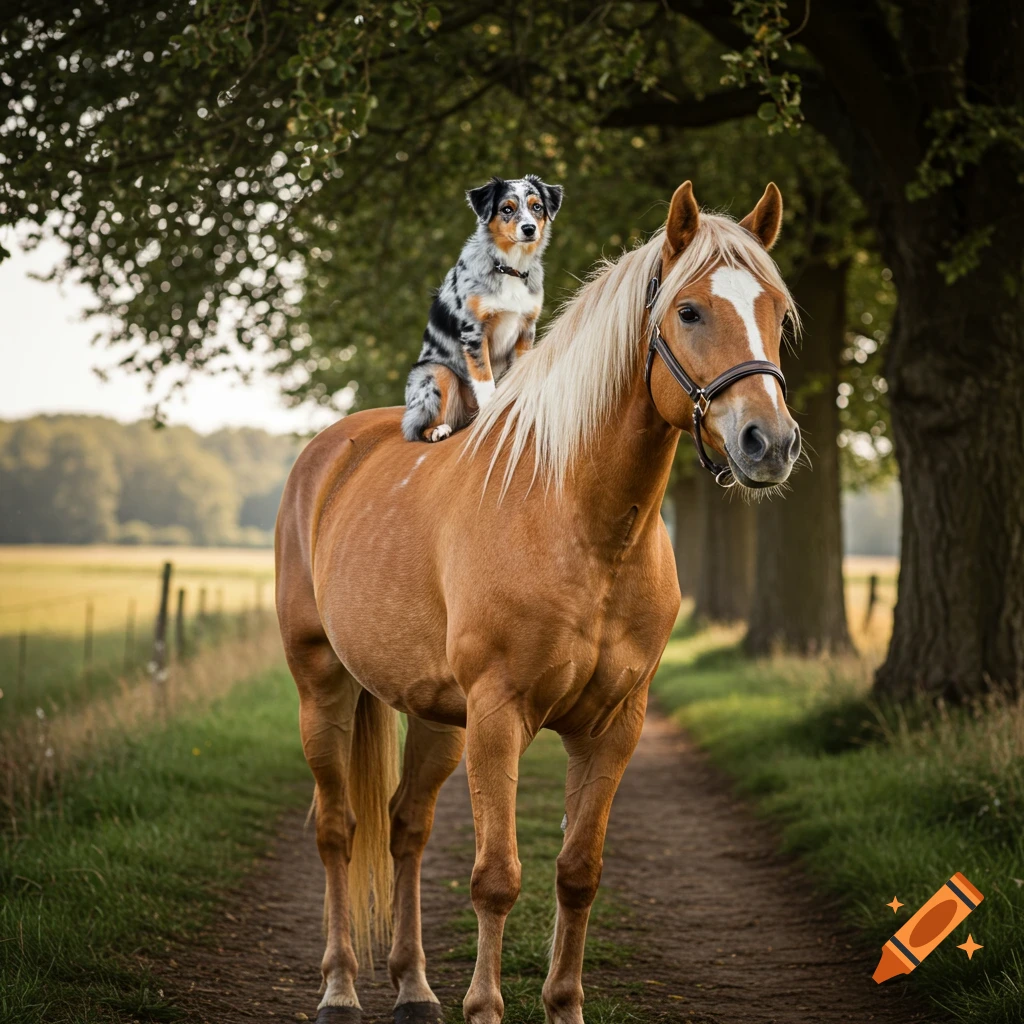 A blue merle Australian Shepherd dog sits atop a palomino horse on a dirt path lined with trees in a photorealistic style.