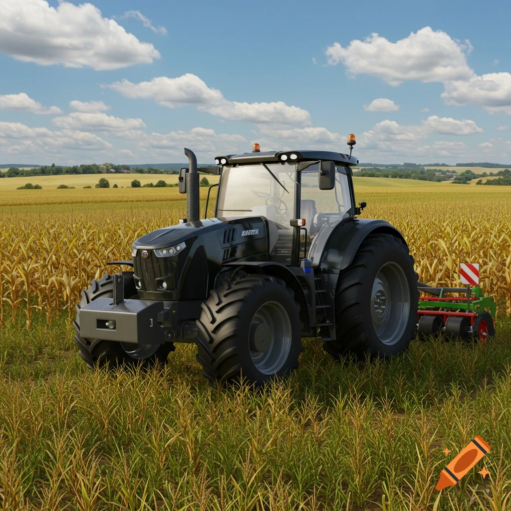 A photorealistic jet black tractor with an attached implement stands in a sunny cornfield under a blue sky.