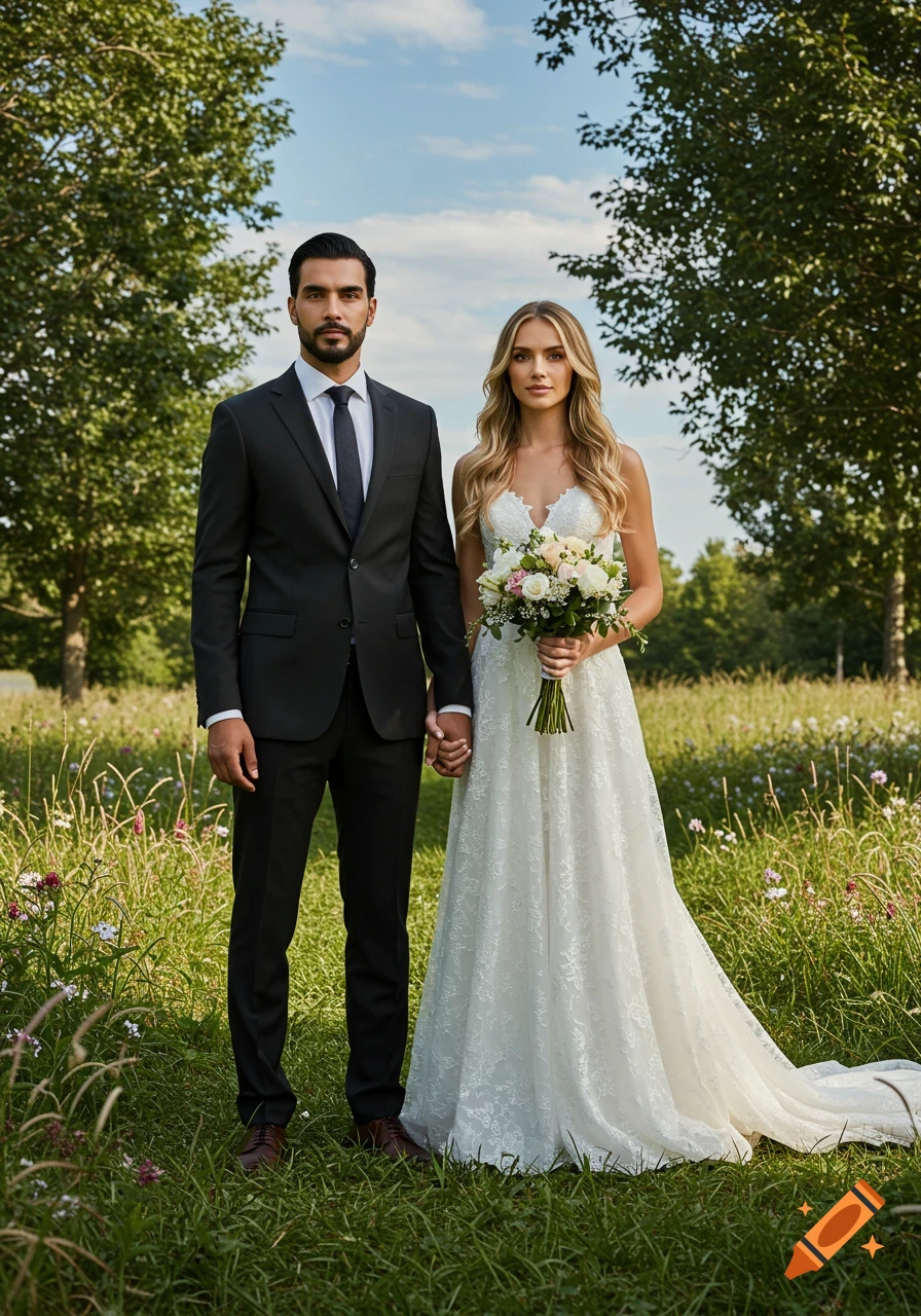 A photorealistic image of a newlywed couple, a man in a black suit and a woman in a white wedding dress holding a bouquet, standing in a sunny grassy field with trees.