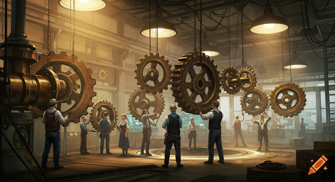 Steampunk factory workshop with workers handling large ornate gears under bright overhead lights.