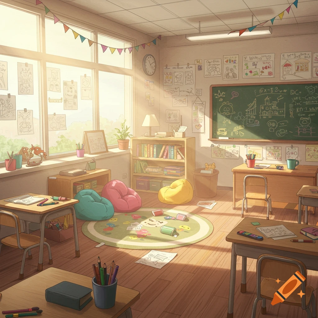 A warm, brightly lit animated elementary classroom with a blackboard, colorful bean bag chairs, desks, and art supplies.