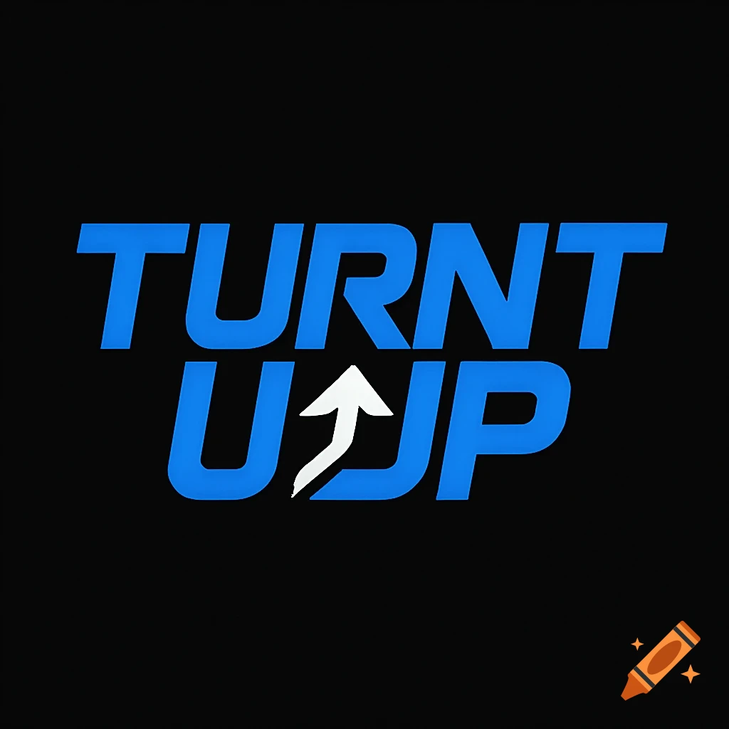 A blue and white logo with the text "TURNT UP" on a black background, featuring an upward-pointing arrow.