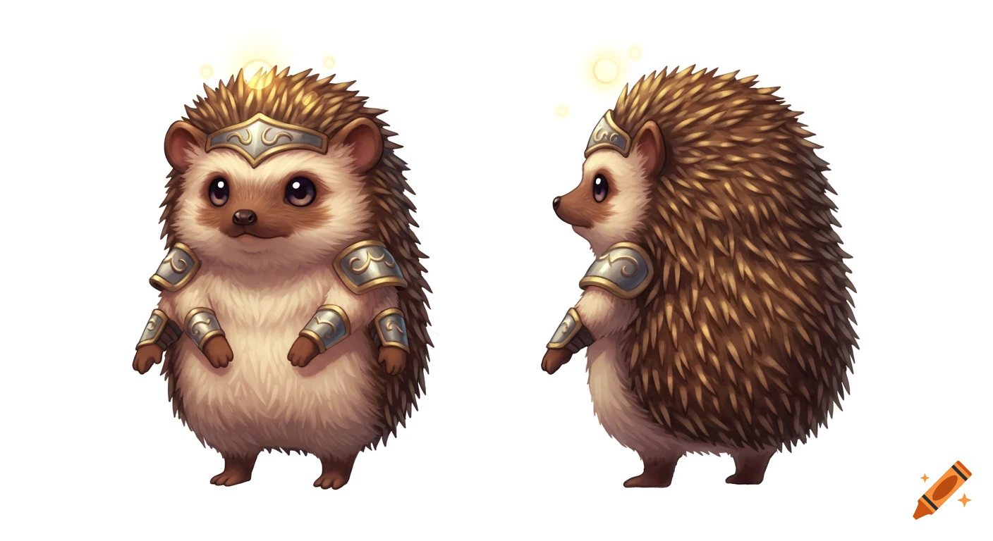 Two cute, armored hedgehogs, one front view and one side view, standing on a white background in an oil-paint style.