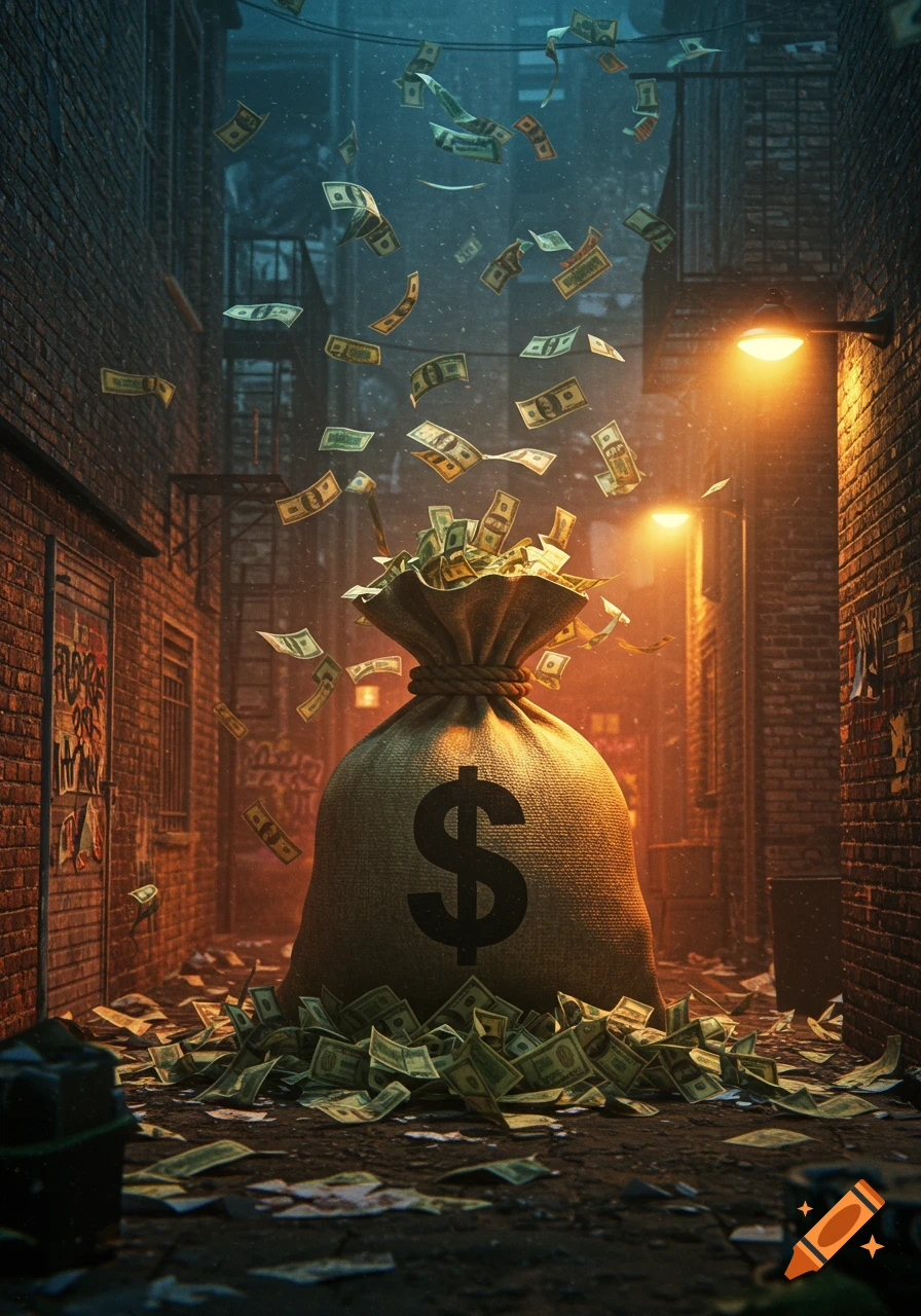 A large money bag with a dollar sign sits in a dark, gritty alleyway as cash rains down from above and scatters on the ground, lit by streetlights. Photorealistic style.