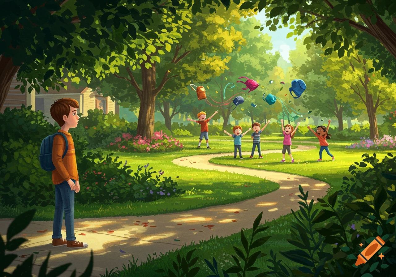 An illustrative scene of a boy watching other children playing in a sunny park, throwing their colorful backpacks into the air.