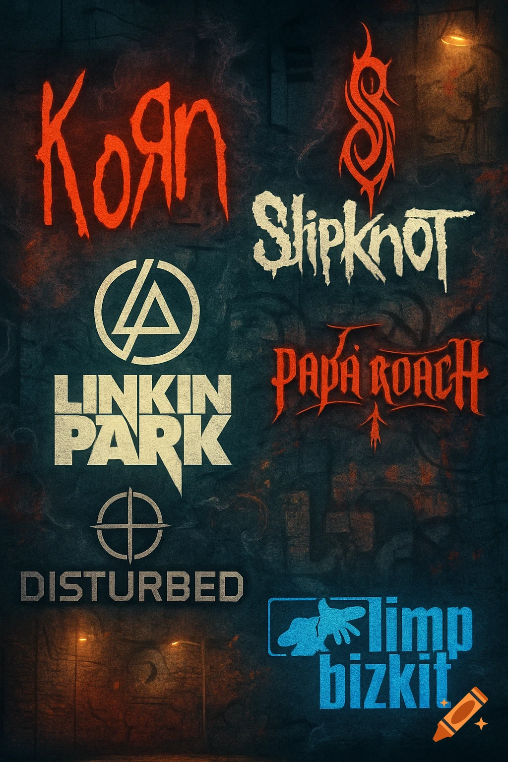 A dark, grunge-style poster featuring the logos of nu metal bands Korn, Slipknot, Linkin Park, Papa Roach, Disturbed, and Limp Bizkit.