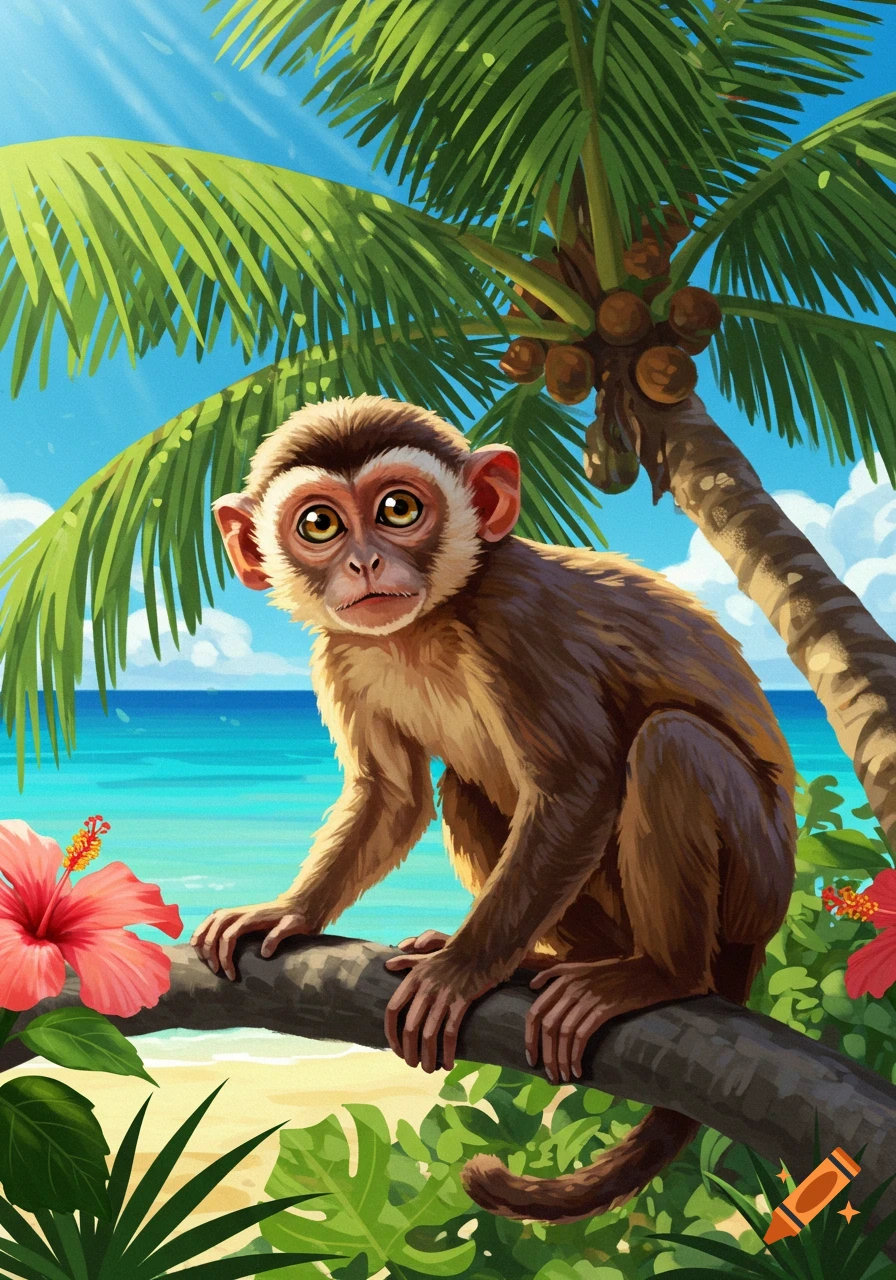 A cute monkey sits on a tree branch on a vibrant tropical beach with palm trees, blue ocean, and hibiscus flowers, illustration.