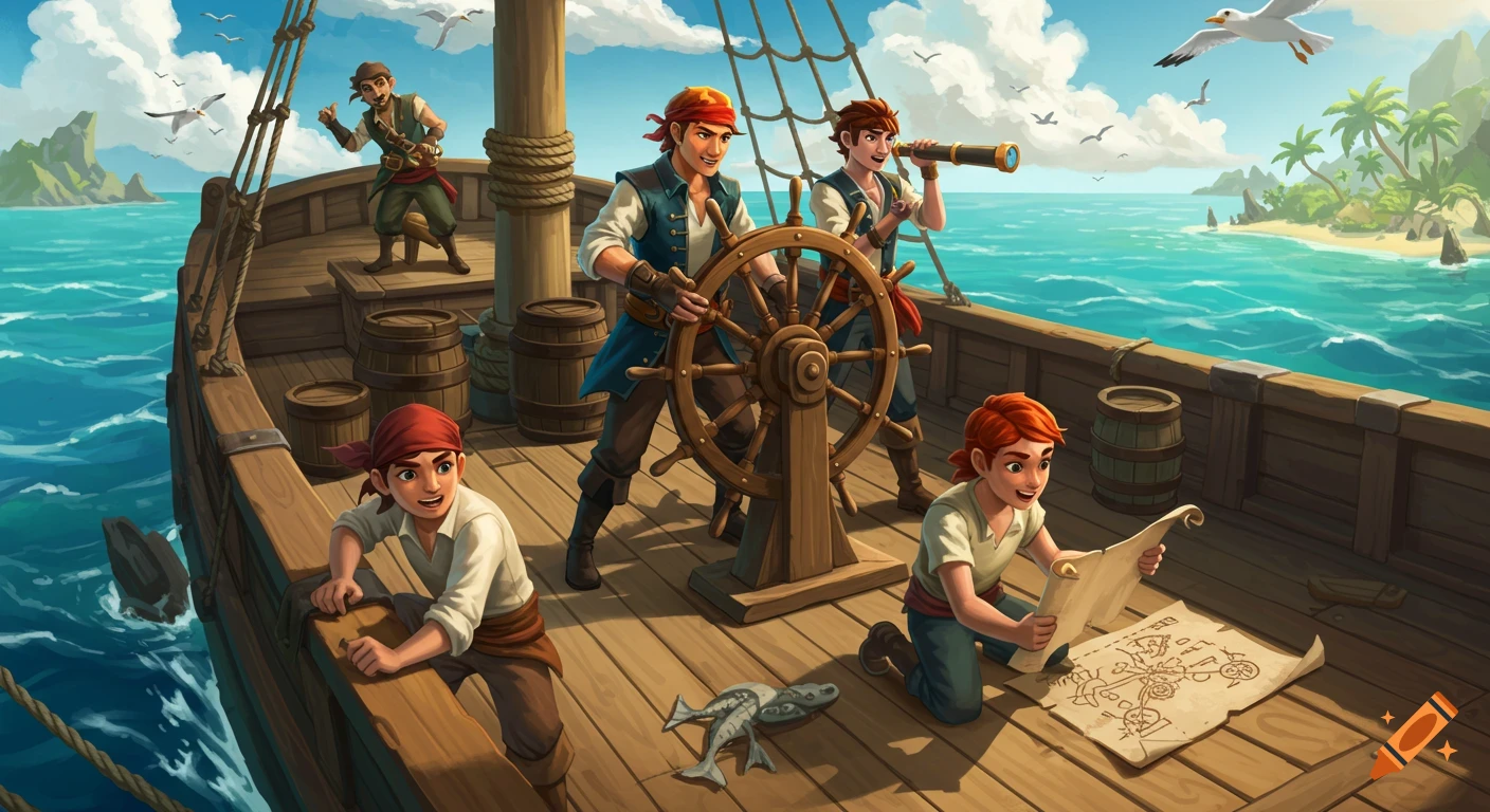 A vibrant cartoon illustration of young pirates on a wooden galleon ship. One steers, another uses a spyglass, and a third examines a treasure map.