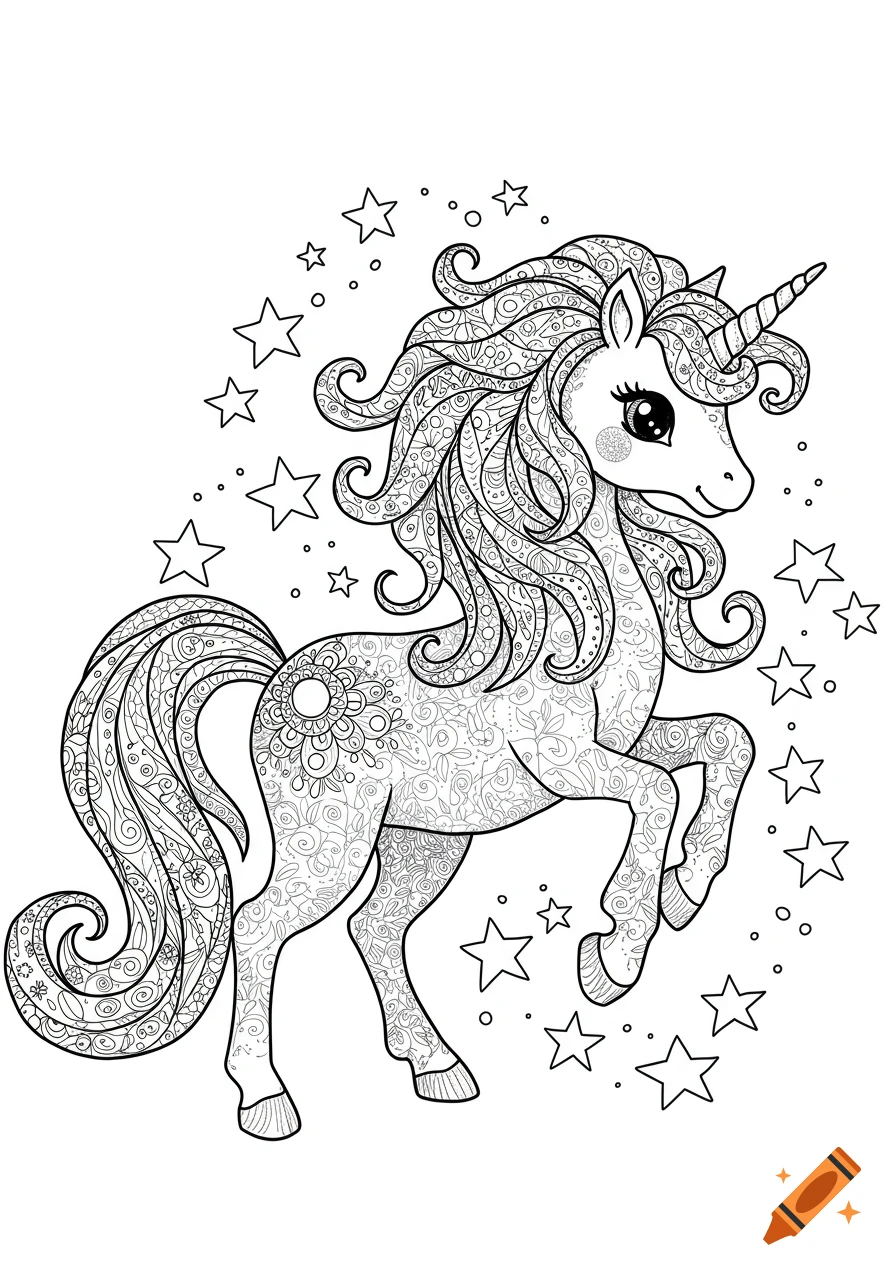A black and white line art drawing of a majestic unicorn with a patterned mane and tail, surrounded by stars, suitable for coloring.