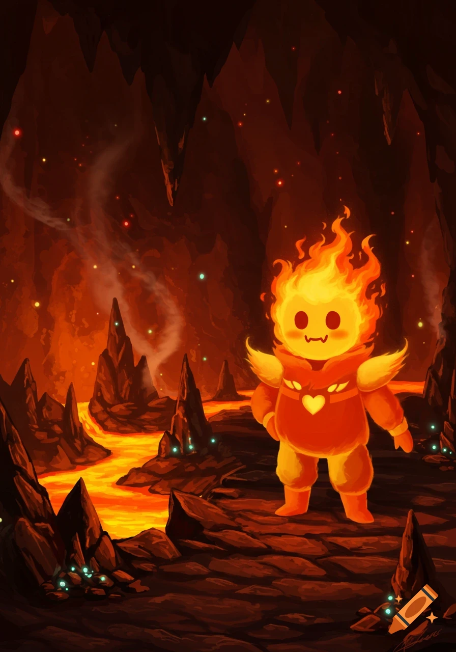 A cute, round, fiery character with a heart on its chest stands in a dark lava cave with glowing lava rivers and rock formations. Illustration.