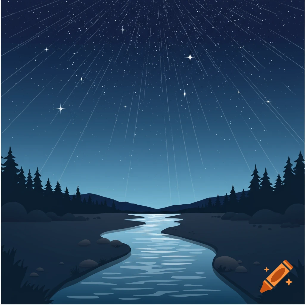Stylized illustration of a river winding through a dark forest under a starry night sky with shooting stars.