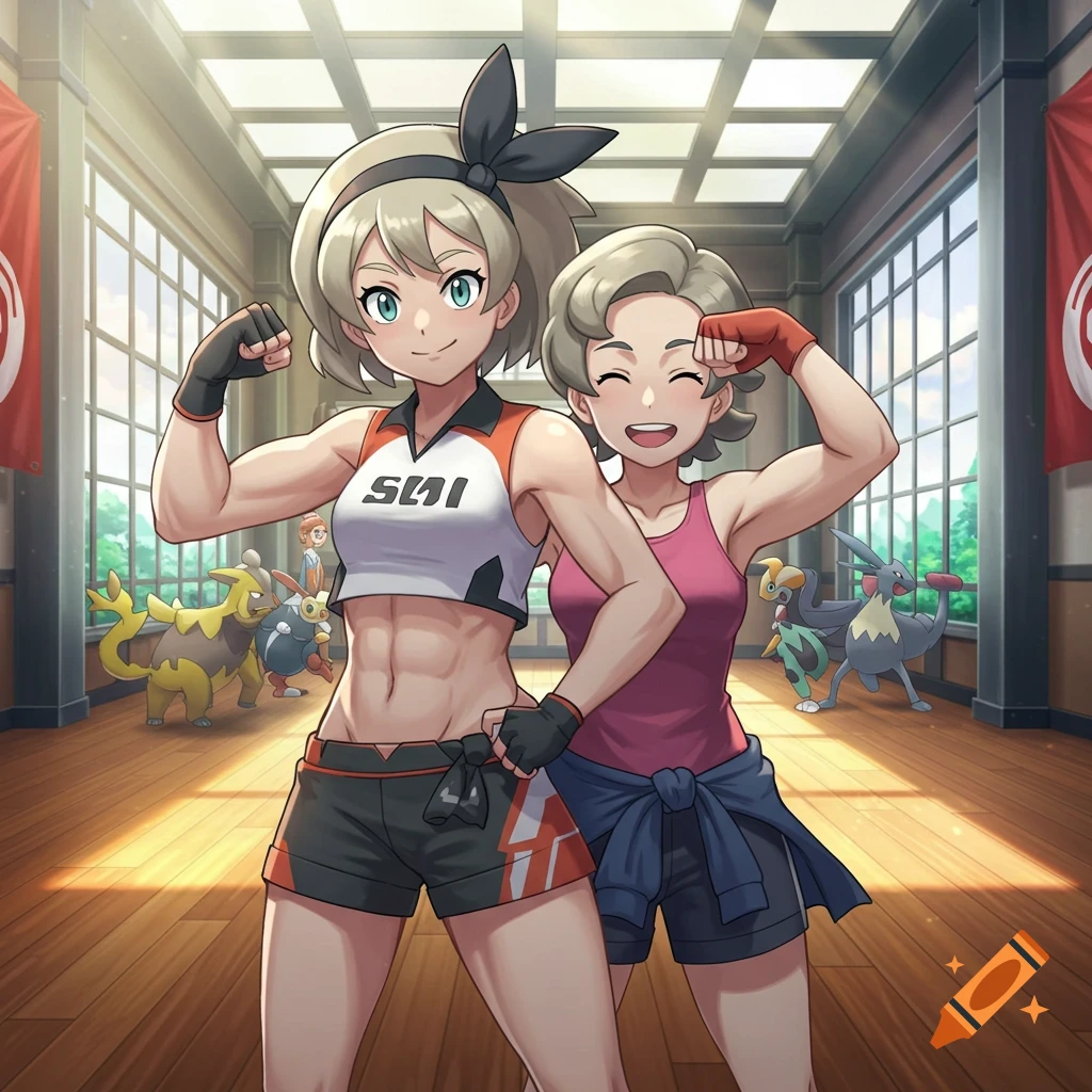 Two anime women, Bea and her mom, flex their muscles in a gym with Pokémon in the background.